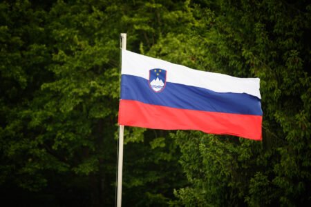Флаг Словении на фоне зелёных деревьев