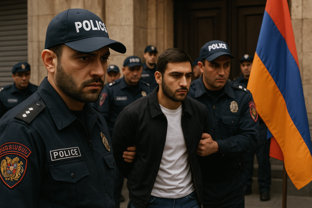 Арест оппозиционного активиста полицией Армении, на фоне флага страны