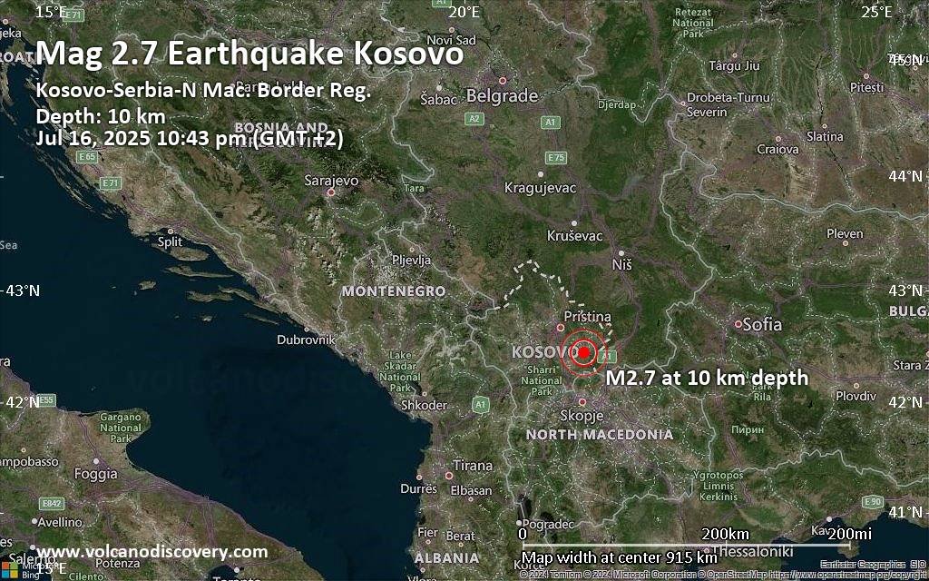 Карта землетрясения магнитудой 2.7 на границе Косово, Сербии и Северной Македонии