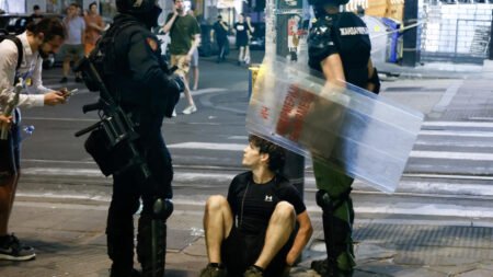 Столкновение сербской полиции с антиправительственным протестующим в Белграде, 13 августа 2025