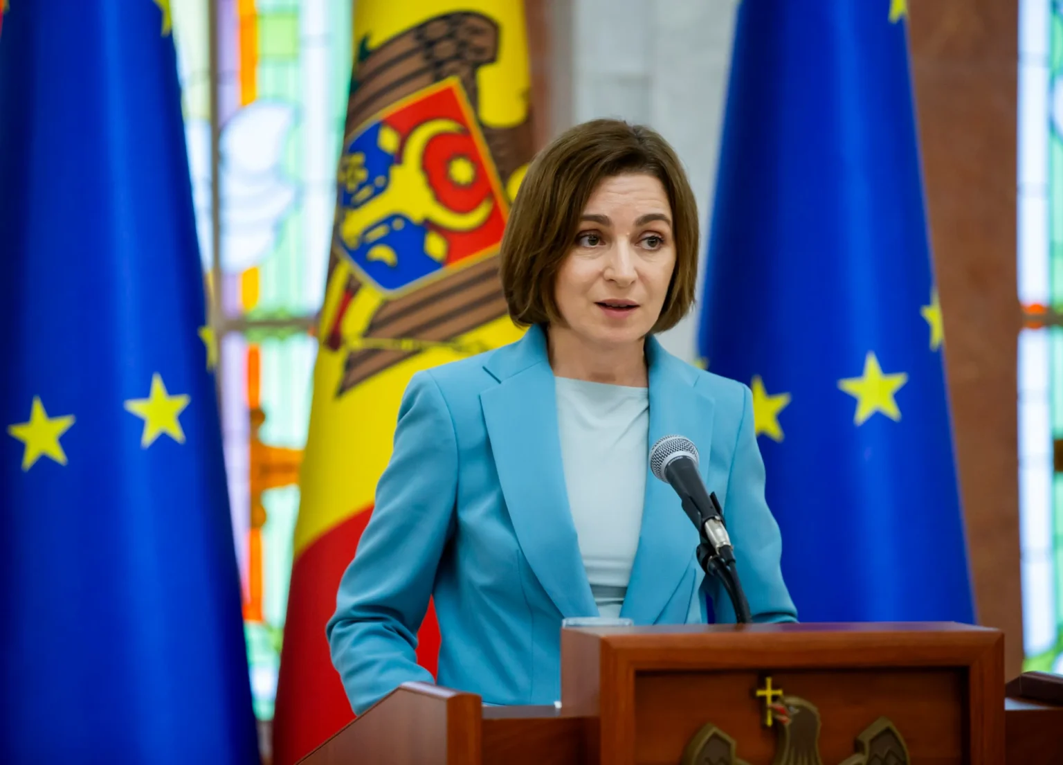 Президент Молдовы Майя Санду на пресс-конференции, август 2025