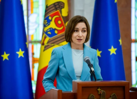 Президент Молдовы Майя Санду на пресс-конференции, август 2025