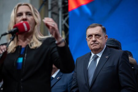 Милорад Додик на митинге в Баня-Луке, август 2025