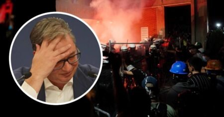 Александр Вучич на фоне уличных протестов и столкновений с полицией, Сербия, сентябрь 2025