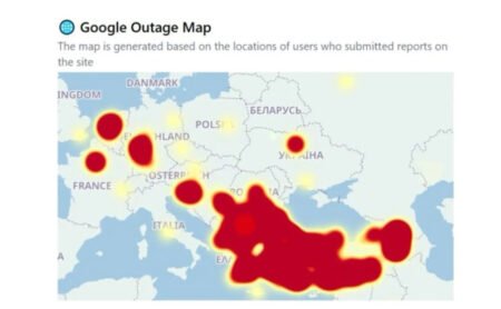 Карта сбоев сервисов Google в Европе и Азии, сентябрь 2025