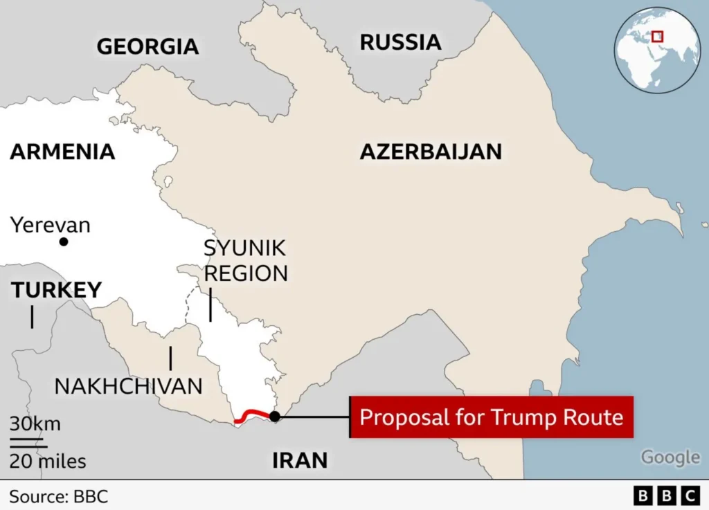 Карта «Трамп-маршрута» между Нахичеванью и Азербайджаном через Иран
