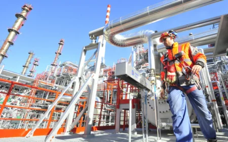 Рабочий на нефтеперерабатывающем заводе в Панчево, Сербия