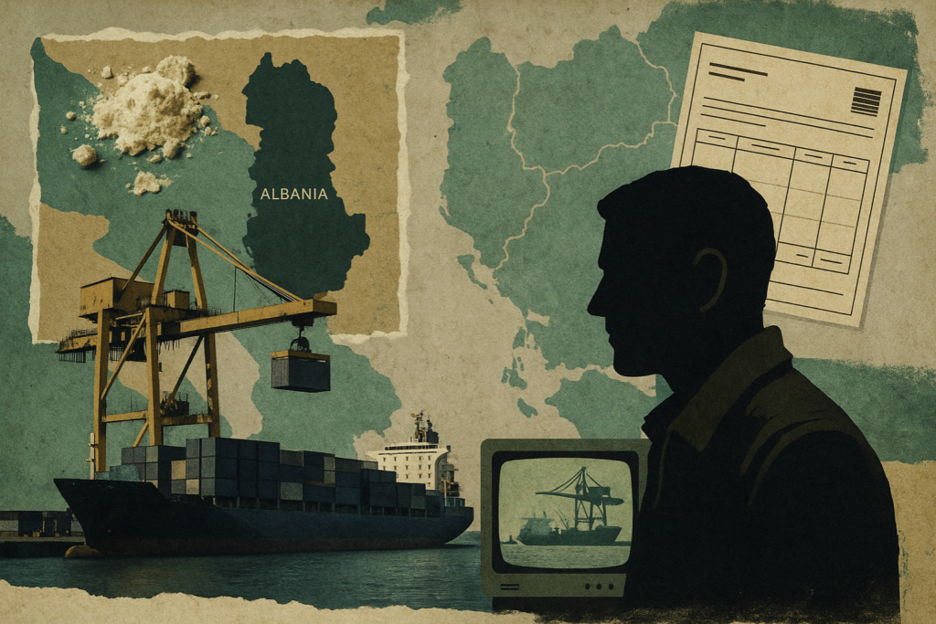 Иллюстрация о роли Албании в трафике кокаина в Европу: порт, карта и силуэт человека