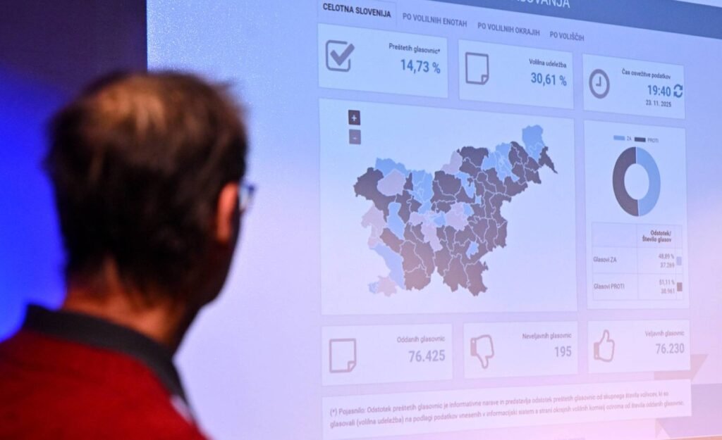 Человек наблюдает за результатами подсчёта голосов на референдуме в Словении