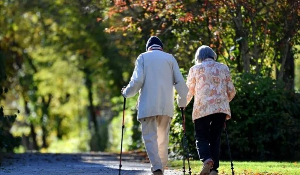 Пожилая пара гуляет в парке осенью