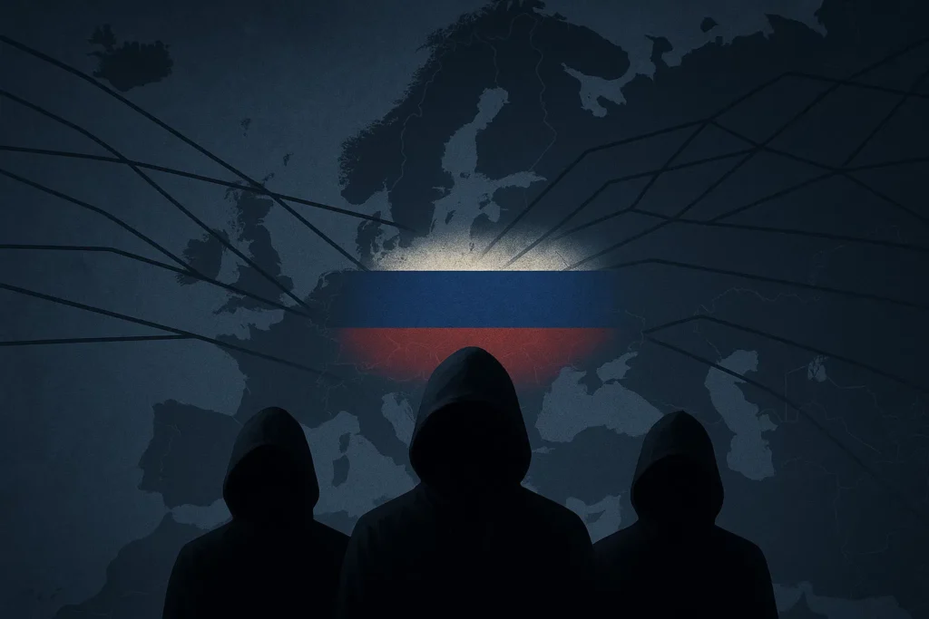 Силуэты людей в капюшонах на фоне карты Европы с флагом России, символизирующие кибератаки и теневые сети
