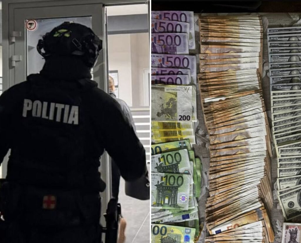 Молдавская полиция проводит обыск, рядом — изъятые крупные суммы наличных евро и долларов