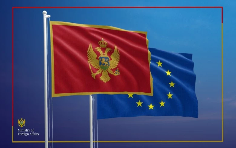 Черногория готовится ввести визы для россиян в рамках гармонизации с политикой ЕС Флаги Черногории и Европейского союза на фоне голубого неба