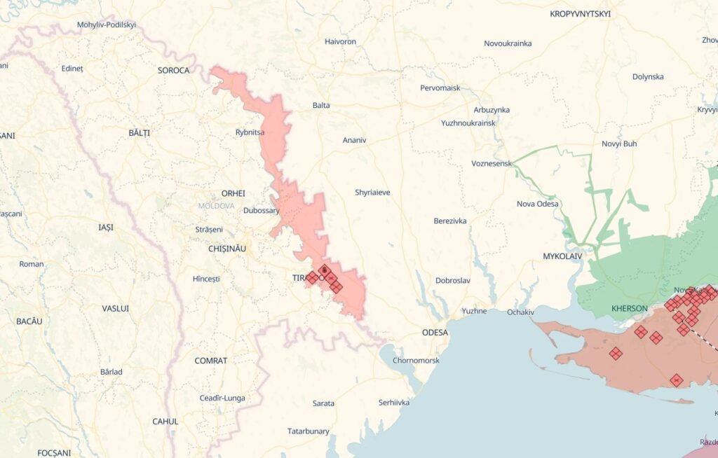 Карта Приднестровья между Молдовой и Украиной с обозначением городов Тирасполь, Рыбница, Дубоссары
