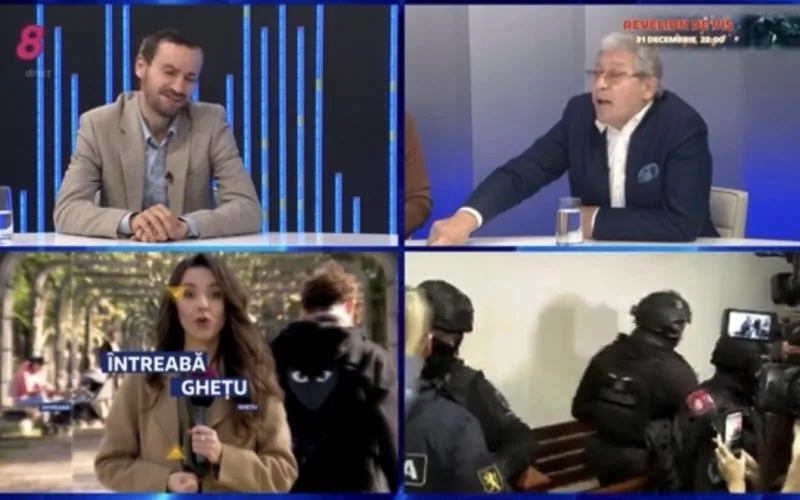 Кадр из программы «Întreabă Ghețu» на TV8: Дину Плынгэу и Михай Гимпу в студии, ведущая Наталья Гецу на выезде, кадр задержания