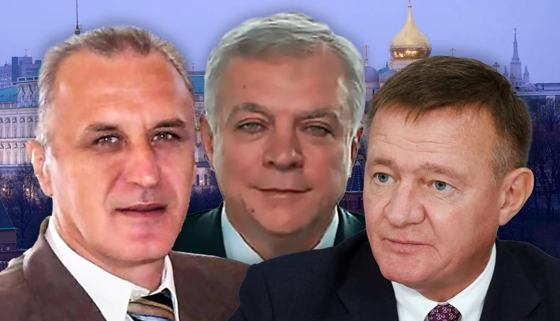 Коллаж с портретами Радомира Куртича, Андрея Бадалова и Романа Старовойта на фоне Кремля