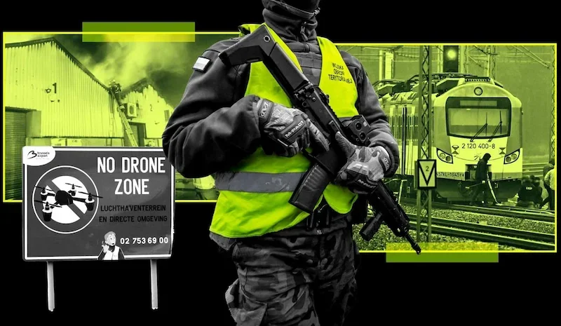 Польский солдат территориальной обороны на фоне знака «Зона без дронов» и железнодорожной инфраструктуры — коллаж о гибридных угрозах в Европе