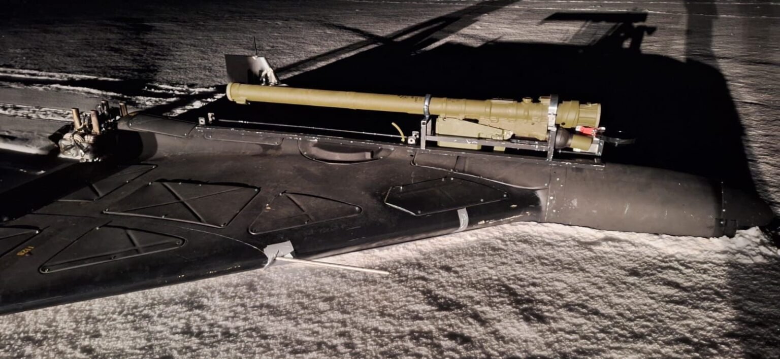 Модернизированный дрон Geran-2 с установленным ПЗРК Verba на фоне снега — январь 2026