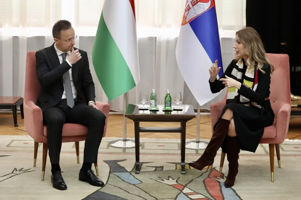 Встреча министра энергетики Сербии Дубравки Джедович и главы МИД Венгрии Петера Сиярто с флагами двух стран в Белграде — переговоры по NIS