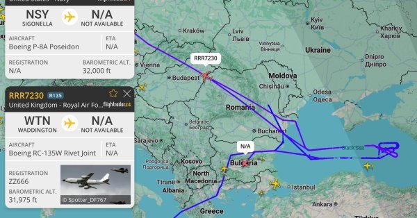 Самолёты-разведчики НАТО патрулируют Чёрное море через воздушное пространство Болгарии Карта Flightradar24 с маршрутами НАТО над Чёрным морем