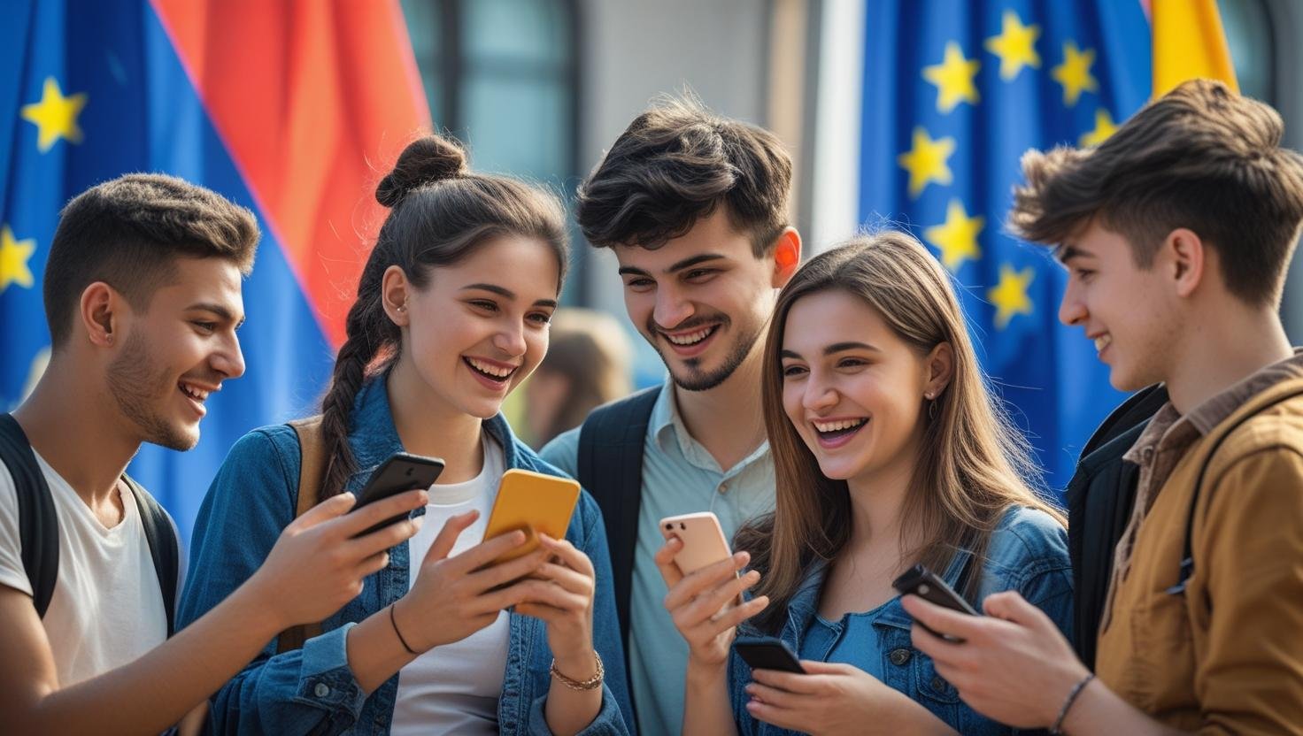 Группа молодых людей радостно пользуется смартфонами на фоне флагов Европейского союза