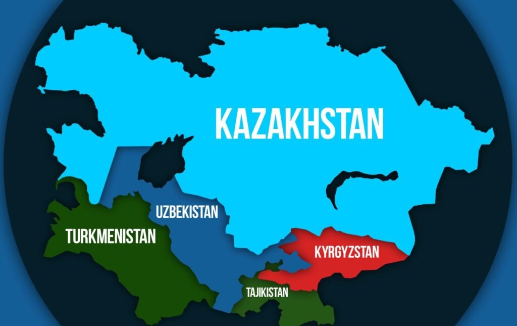 Карта Центральной Азии с выделенными странами: Казахстан, Узбекистан, Туркменистан, Киргизия, Таджикистан