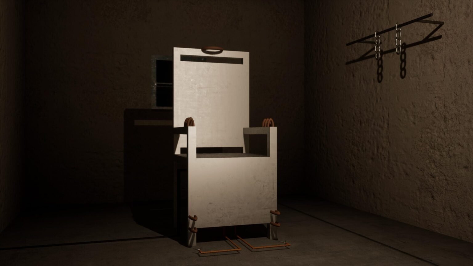 Интерьер камеры пыток в СИЗО-2 Таганрога с металлическими оковами на стене — 3D-реконструкция