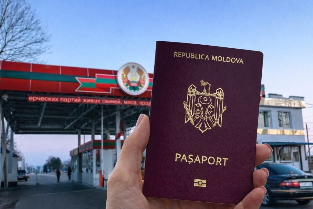 Молдавский паспорт в руке на фоне контрольно-пропускного пункта с символикой Приднестровья