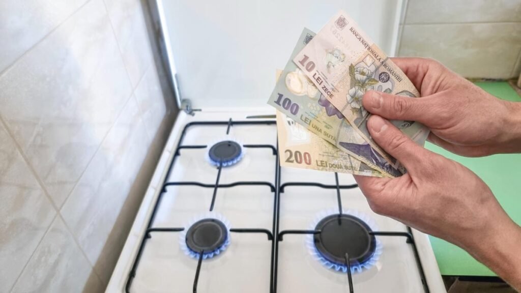 Газовая плита с включёнными конфорками и румынские купюры в руках — символ расходов на газоснабжение. Фото: Antena 3 CNN