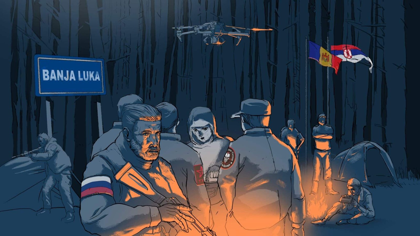 Иллюстрация к расследованию BIRN о российских тренировочных лагерях на Балканах — вооружённые фигуры в лесу у Баня-Луки с флагами Молдовы и Сербии. Фото: Balkan Insight