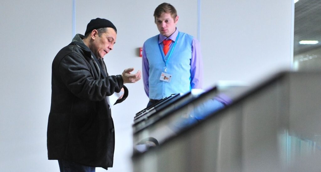 Мигрант обращается к сотруднику миграционной службы на стойке обслуживания в России. Фото: Carnegie Politika