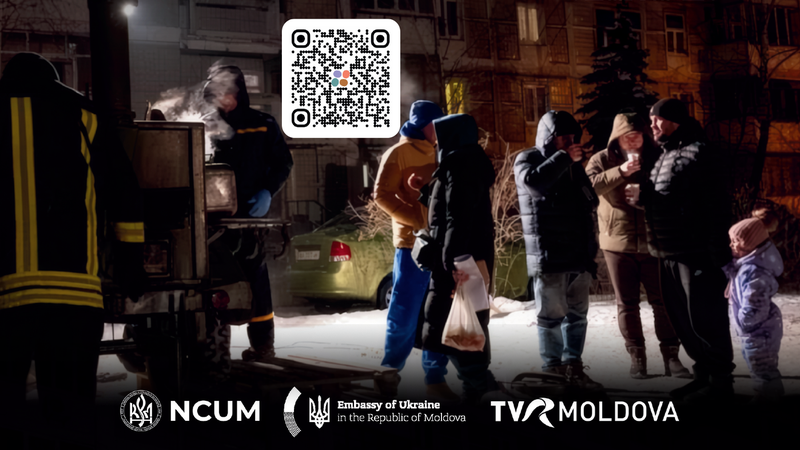 Баннер кампании TVR Moldova «Тепло для Украины» с QR-кодом для пожертвований, сцена доставки гуманитарной помощи
