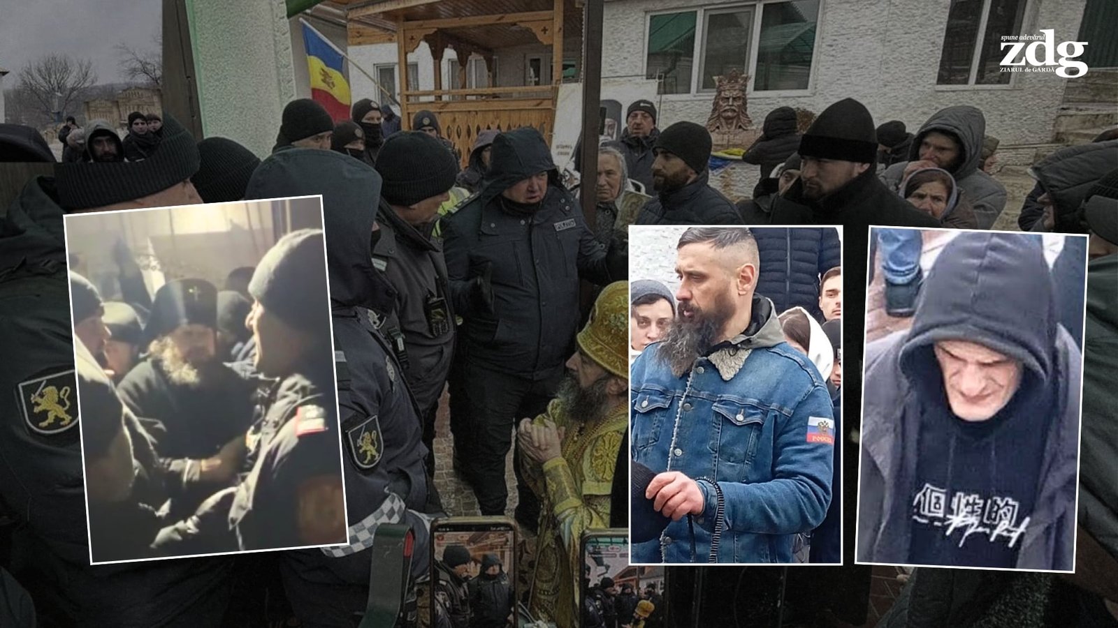 Столкновение у церкви в Деренеу: полиция, священнослужители и провокаторы, в том числе ранее осуждённый наёмник. Фото: Ziarul de Garda