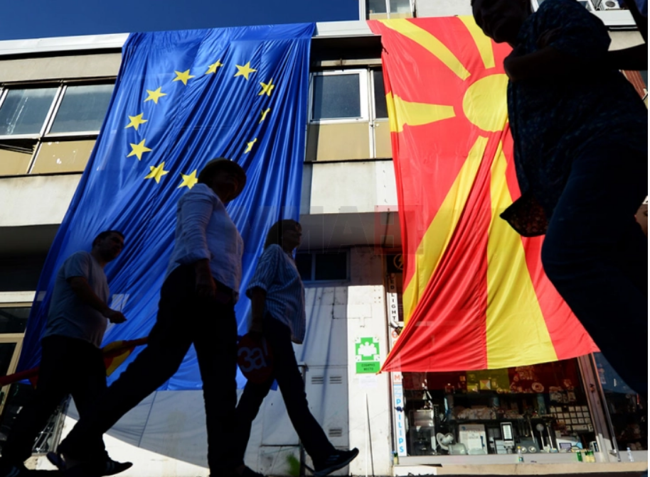 EU and North Macedonia flags displayed on building
