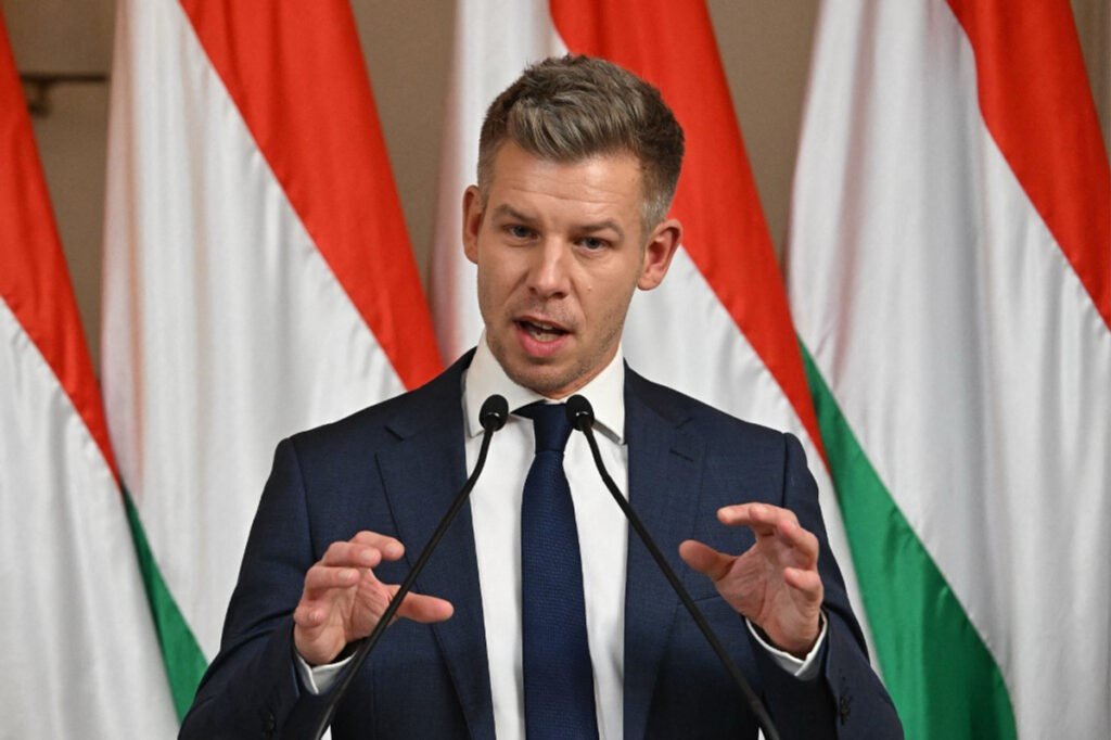 Венгрия за два месяца до выборов: секс-скандал, токсичный завод и российская нефть Петер Мадьяр жестикулирует во время выступления на трибуне на фоне венгерских флагов