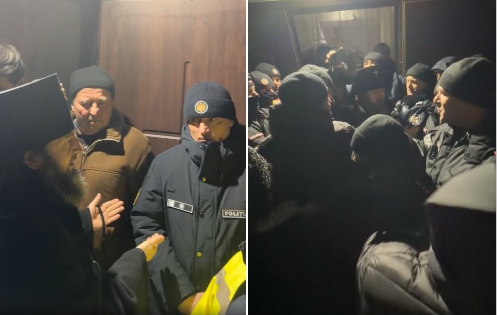 Священники и полицейские во время ночного противостояния у входа в церковь