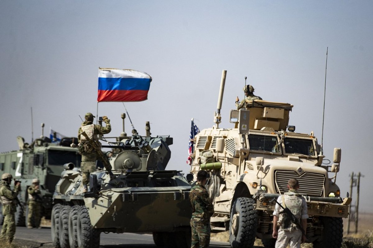 Russian military vehicles with Russian flag
