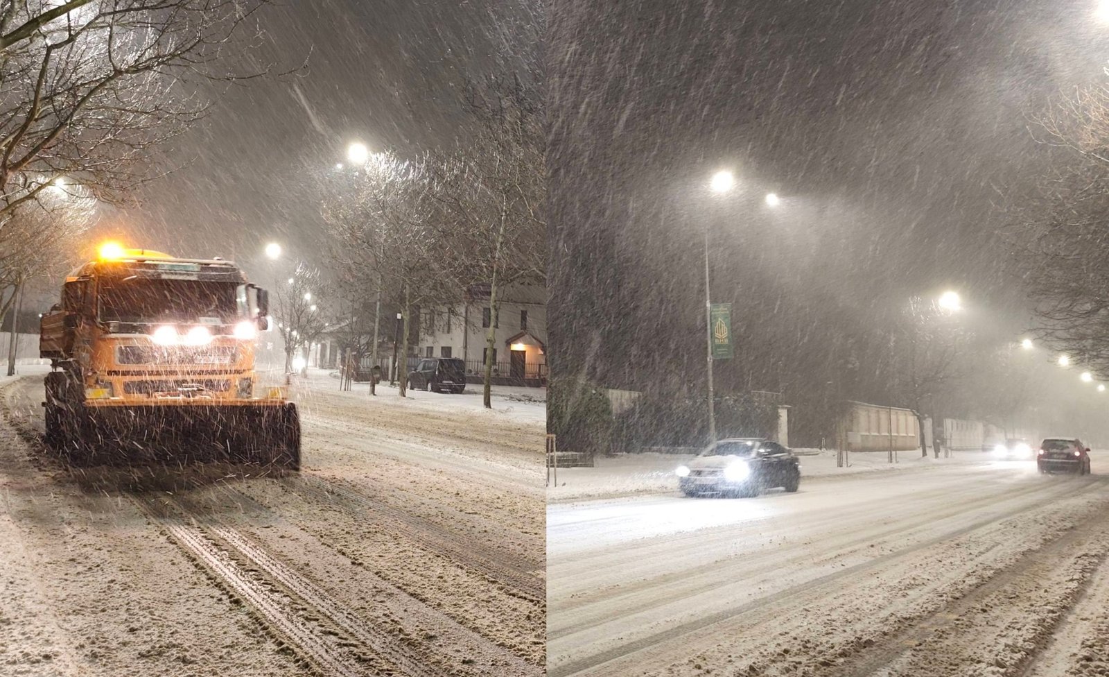 Снегоуборочная машина расчищает дорогу ночью во время сильного снегопада
