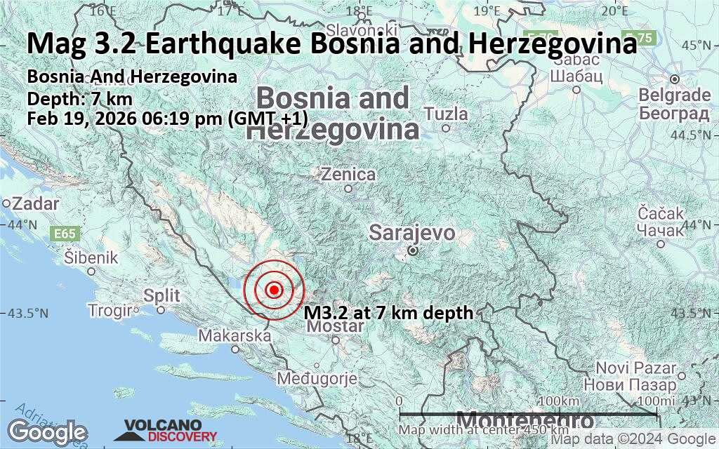 Detailed Google Maps view showing M3.2 earthquake location near Mostar, Bosnia and Herzegovina