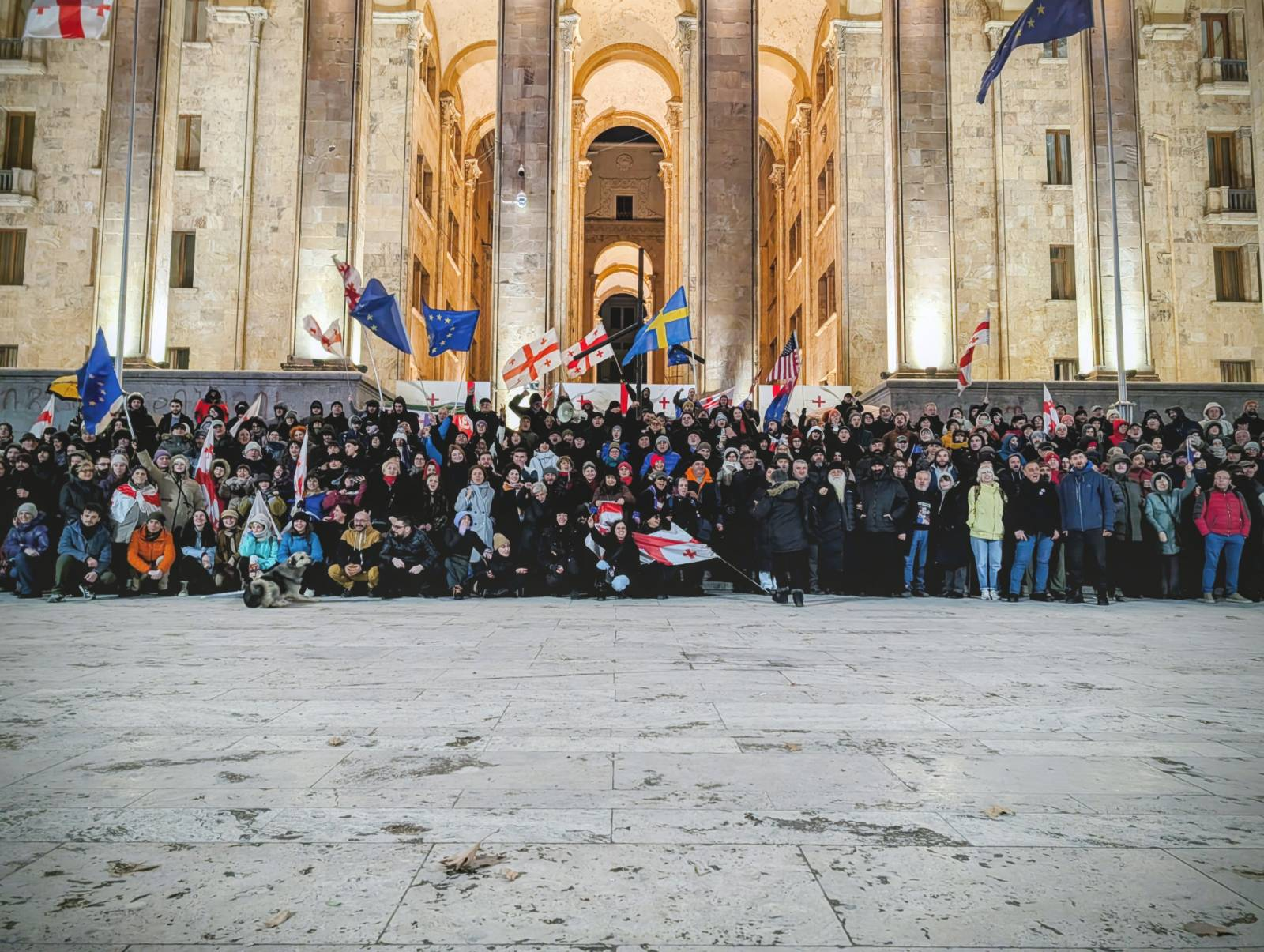 Протест у здания парламента Грузии с флагами ЕС и Грузии