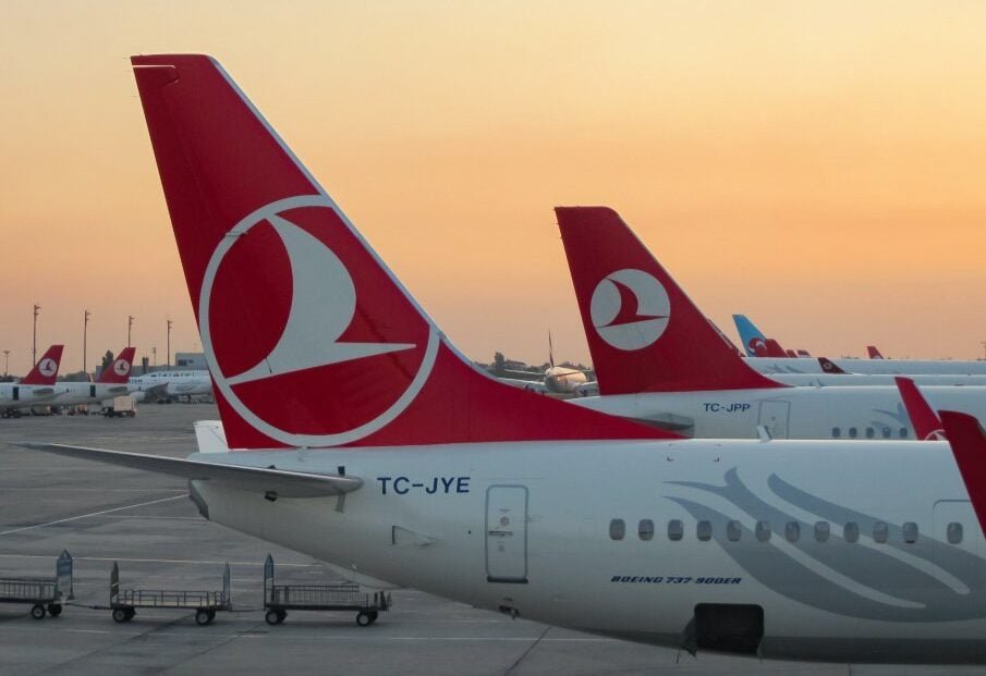 Turkish Airlines aircraft tails at sunset