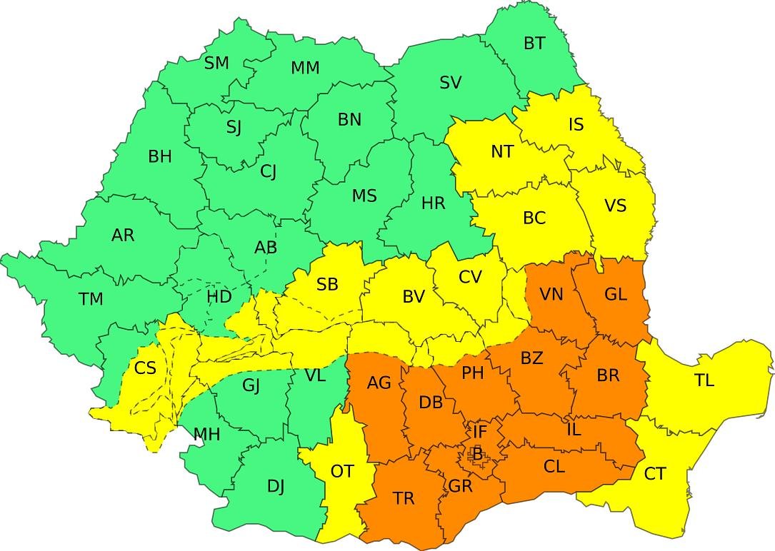 Карта погодных предупреждений Румынии с оранжевыми и жёлтыми зонами на юге и востоке страны