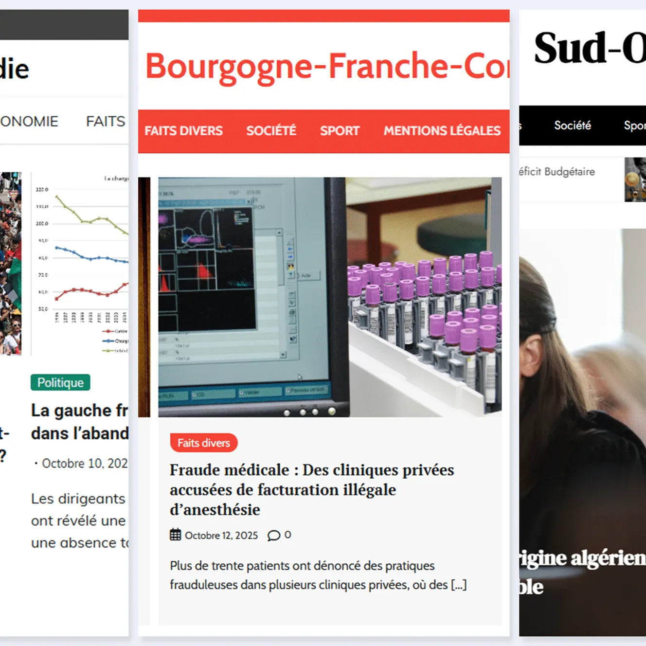 Screenshots of fake local news sites suspected of foreign interference (Le Direct Normandie, Bourgogne-Franche-Comté, Sud-Ouest Direct)