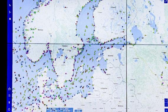 Baltic Sea maritime traffic monitoring screen showing vessel positions across the region