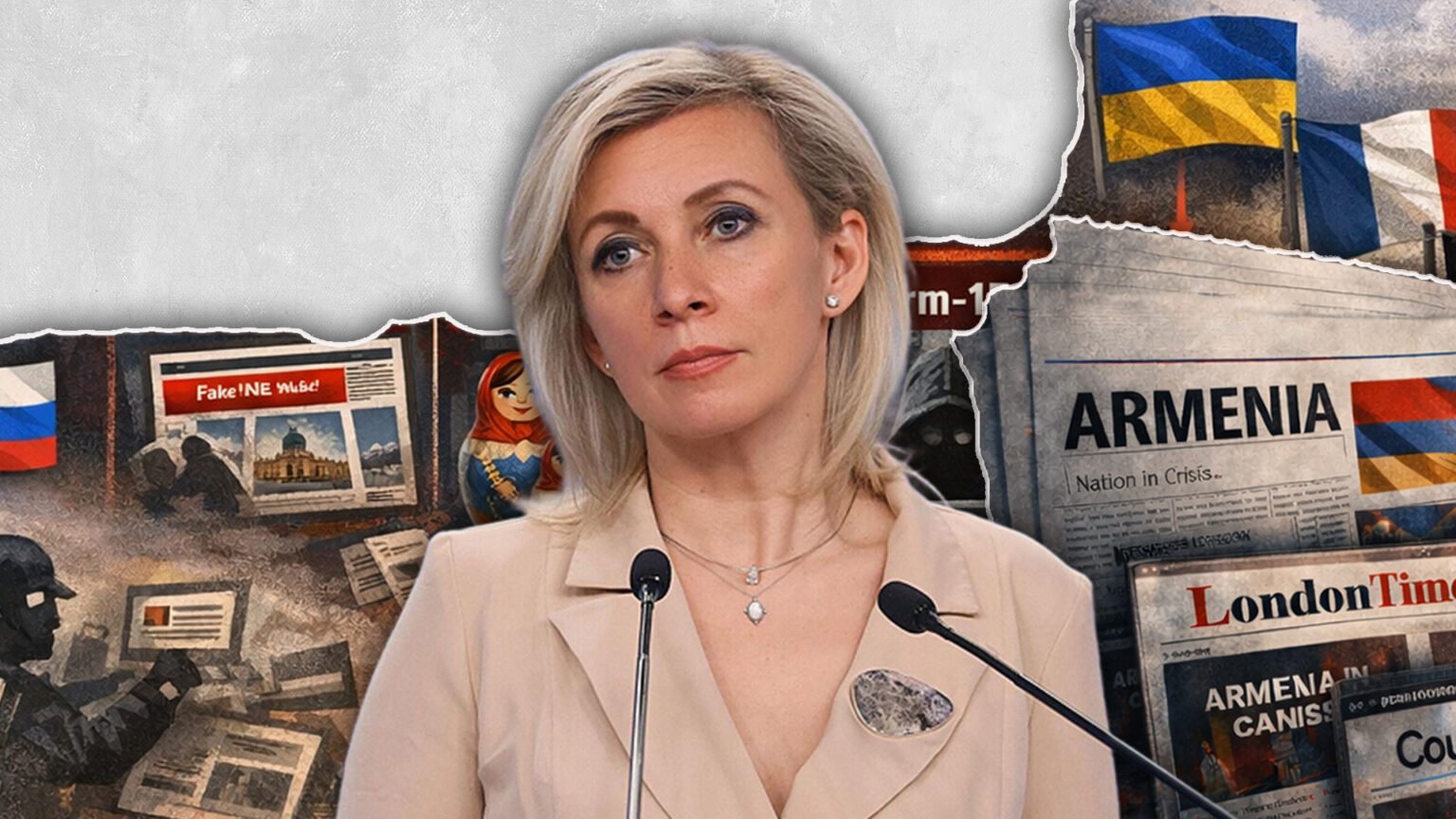 Армения против фабрик лжи: как страна готовится к выборам под натиском дезинформации Мария Захарова на фоне коллажа с фейковыми новостями, матрёшками, российскими и армянскими флагами и газетными вырезками об Армении