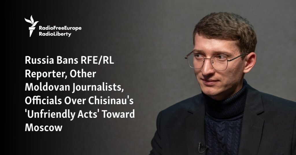 Портрет журналиста Дениса Дерменжи с заголовком RFE/RL о запрете молдавских журналистов Россией