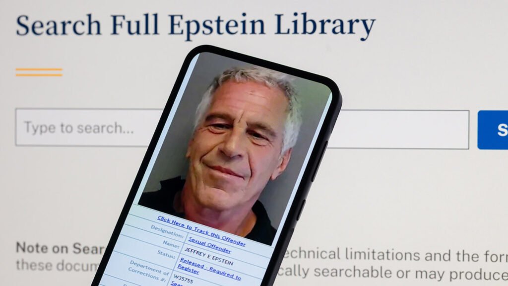 Epstein Files Library search interface with mugshot displayed on smartphone