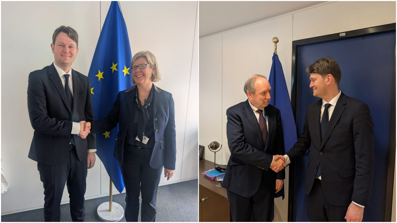 Коллаж из двух фотографий: министр финансов Молдовы Андриан Гаврилицэ пожимает руку представителям ЕС во время встреч в Брюсселе, на фоне флаг ЕС