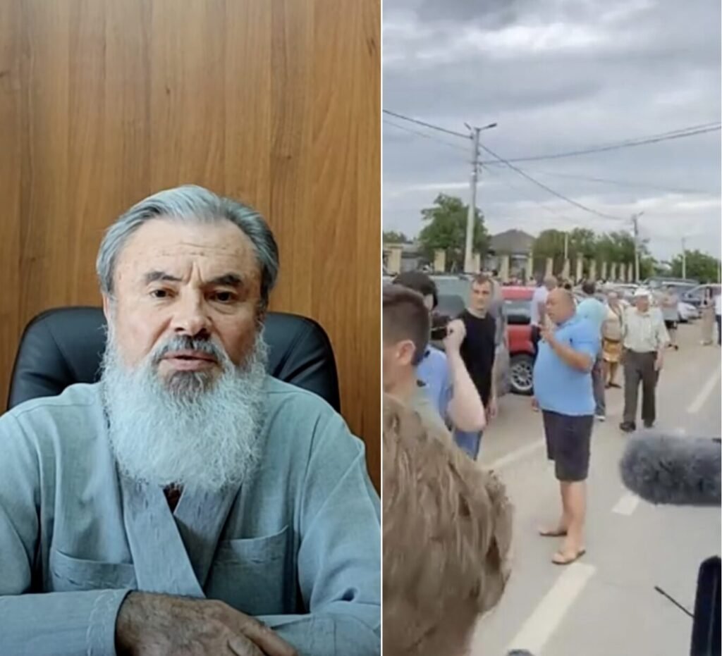 Коллаж: епископ Маркел за столом (слева) и сцена конфронтации жителей в Рэуцеле (справа)