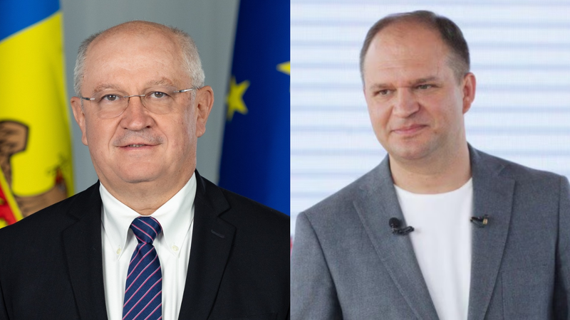 Премьер-министр Мунтяну (слева, с флагами Молдовы и ЕС) и мэр Кишинёва Ион Чебан (справа) — два ключевых фигуранта темы оценки 100 дней правительства